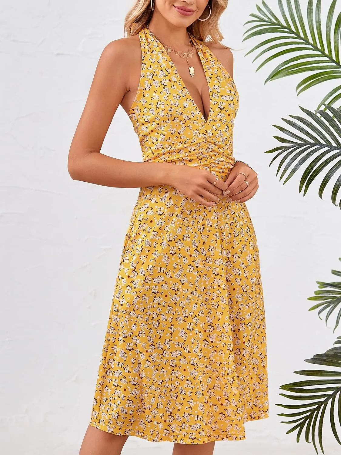 HUHOT Women's Summer Sundress Sleeveless Halter Neck Spring 2025 Floral with Pocket Elastic Waist Ruffle Mini Dresses