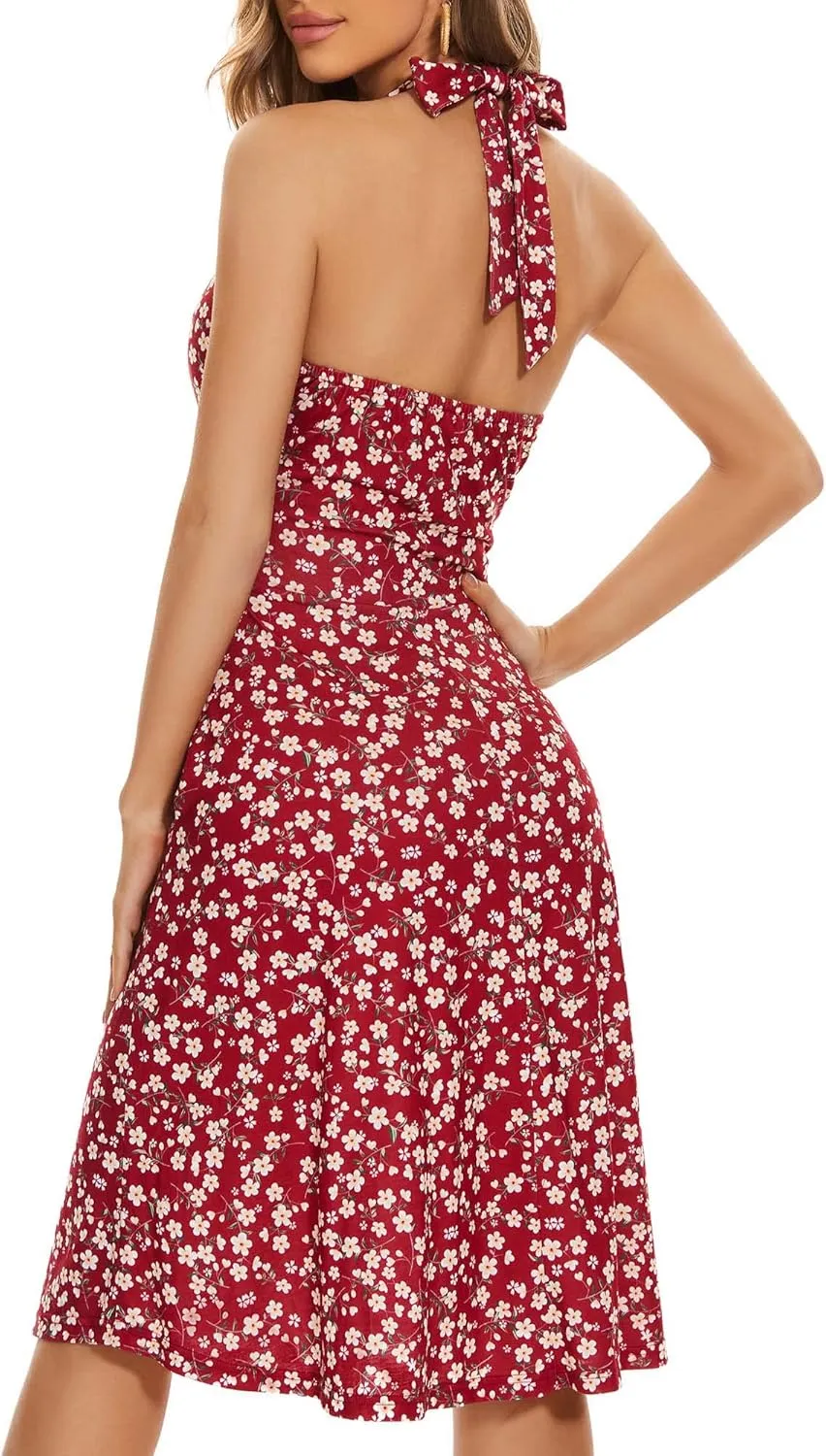 HUHOT Women's Summer Sundress Sleeveless Halter Neck Spring 2025 Floral with Pocket Elastic Waist Ruffle Mini Dresses