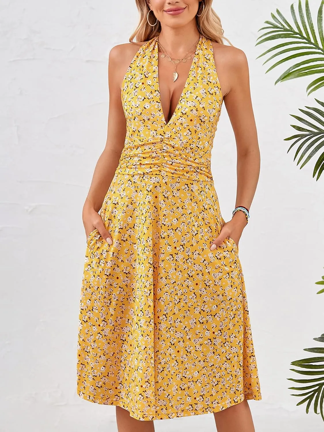 HUHOT Women's Summer Sundress Sleeveless Halter Neck Spring 2025 Floral with Pocket Elastic Waist Ruffle Mini Dresses