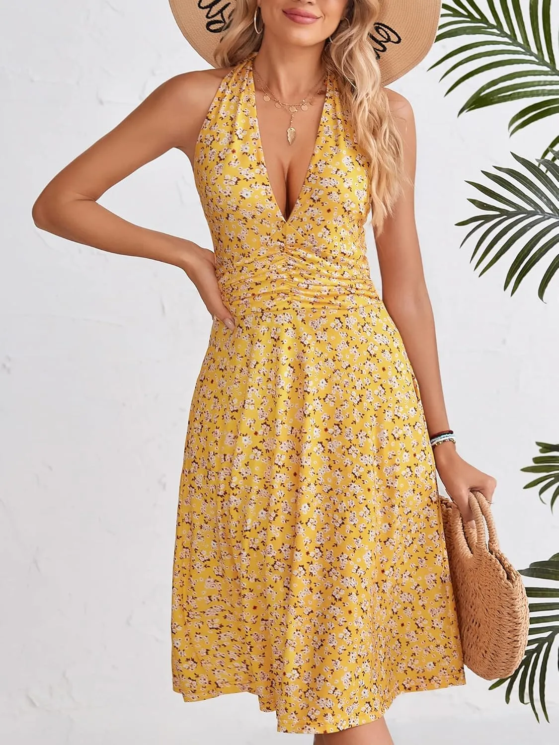 HUHOT Women's Summer Sundress Sleeveless Halter Neck Spring 2025 Floral with Pocket Elastic Waist Ruffle Mini Dresses