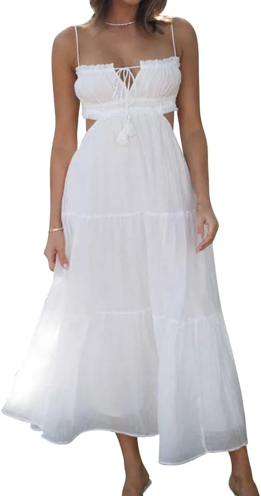 IDOPIP Women Summer Cutout Boho Dress Sleeveless Spaghetti Straps Maxi Dress Sexy Backless Side Cut Tie Front Flowy Sundress