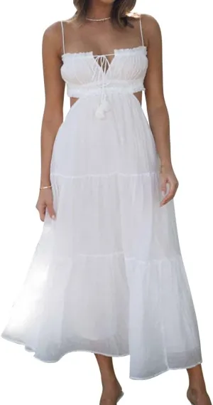 IDOPIP Women Summer Cutout Boho Dress Sleeveless Spaghetti Straps Maxi Dress Sexy Backless Side Cut Tie Front Flowy Sundress