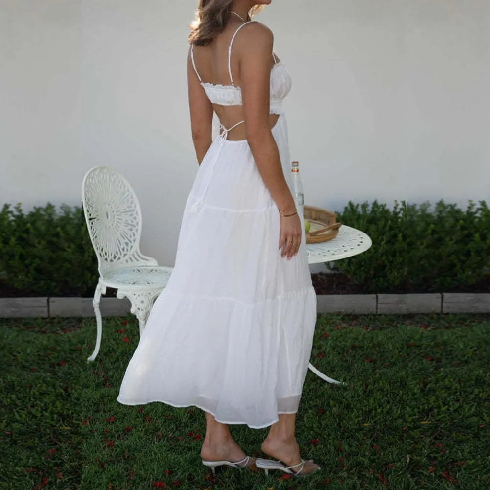 IDOPIP Women Summer Cutout Boho Dress Sleeveless Spaghetti Straps Maxi Dress Sexy Backless Side Cut Tie Front Flowy Sundress