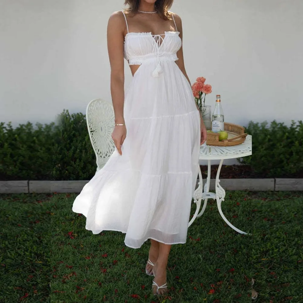 IDOPIP Women Summer Cutout Boho Dress Sleeveless Spaghetti Straps Maxi Dress Sexy Backless Side Cut Tie Front Flowy Sundress