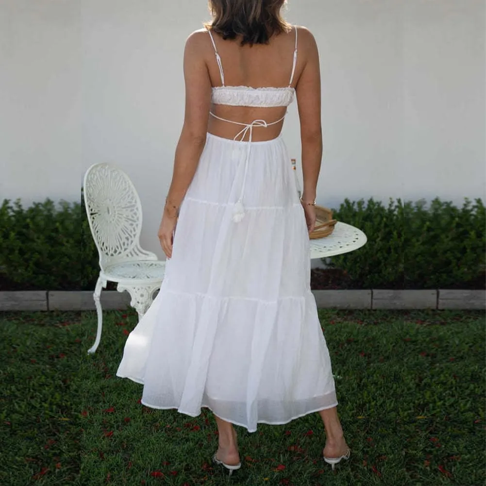 IDOPIP Women Summer Cutout Boho Dress Sleeveless Spaghetti Straps Maxi Dress Sexy Backless Side Cut Tie Front Flowy Sundress