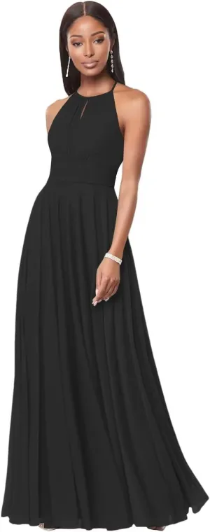 IKMNN Chiffon A Line Bridesmaid Dresses for Women Halter Long Formal Evening Party Dress IK036