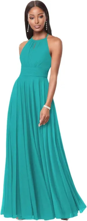 IKMNN Chiffon A Line Bridesmaid Dresses for Women Halter Long Formal Evening Party Dress IK036