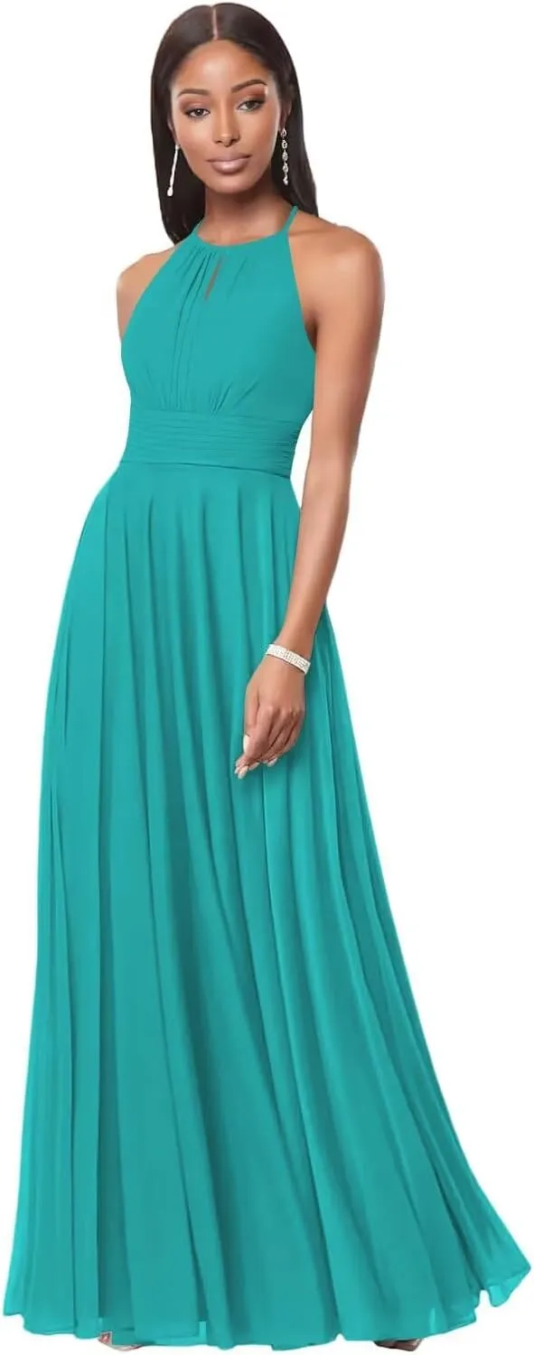 IKMNN Chiffon A Line Bridesmaid Dresses for Women Halter Long Formal Evening Party Dress IK036