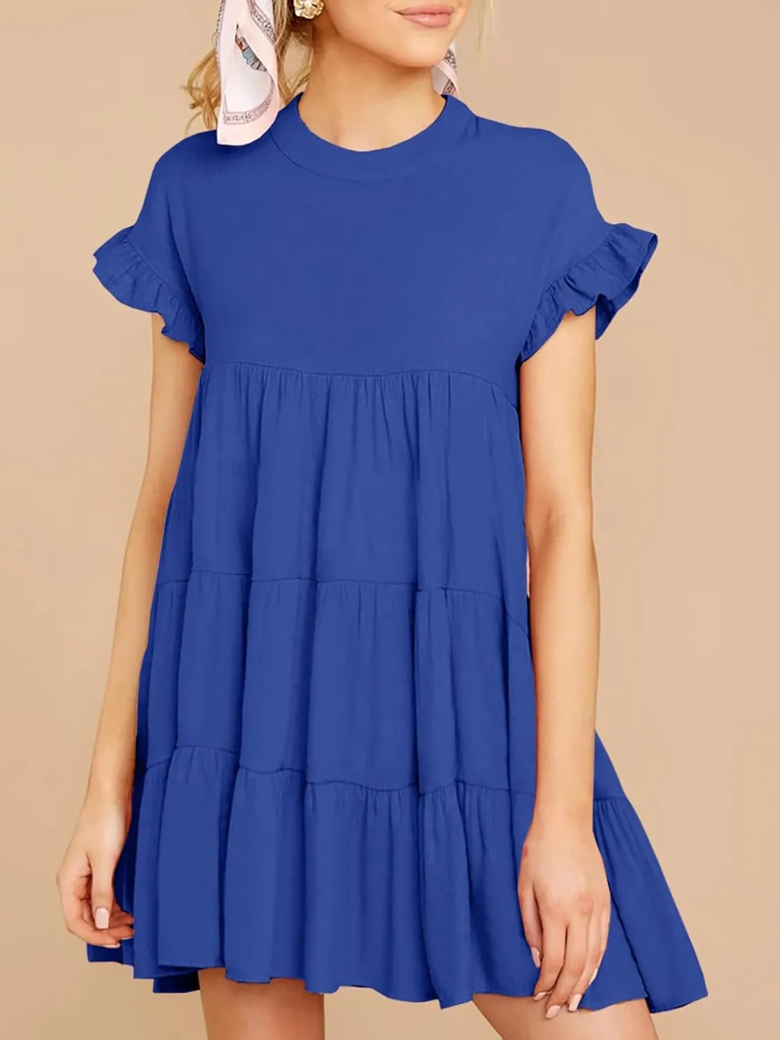 Imysty Womens Boho Floral Ruffle Sleeve Babydoll Loose Flowy Casual Summer Pleated Mini Dress