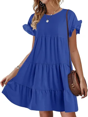 Imysty Womens Boho Floral Ruffle Sleeve Babydoll Loose Flowy Casual Summer Pleated Mini Dress