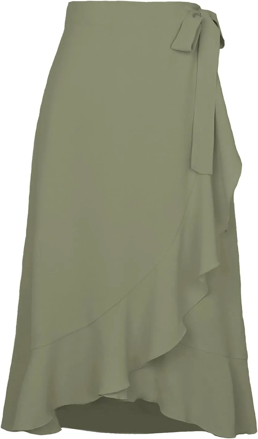 Irregular Wrap Skirts for Women Summer Casual Plain Ruffle Trim High Waisted Tied Slit Midi Beachy Skirt