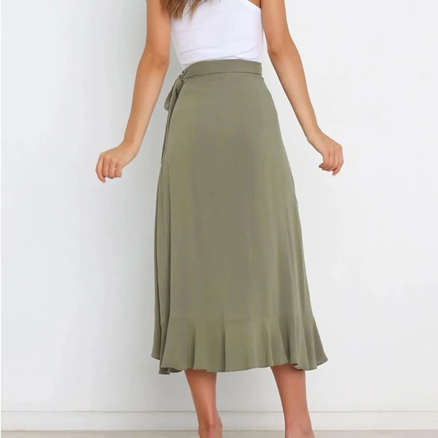 Irregular Wrap Skirts for Women Summer Casual Plain Ruffle Trim High Waisted Tied Slit Midi Beachy Skirt