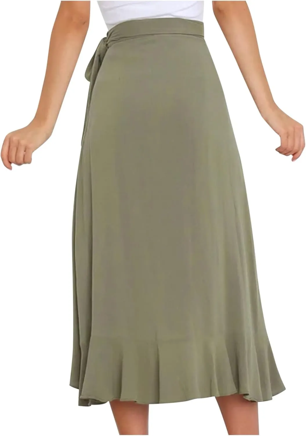 Irregular Wrap Skirts for Women Summer Casual Plain Ruffle Trim High Waisted Tied Slit Midi Beachy Skirt