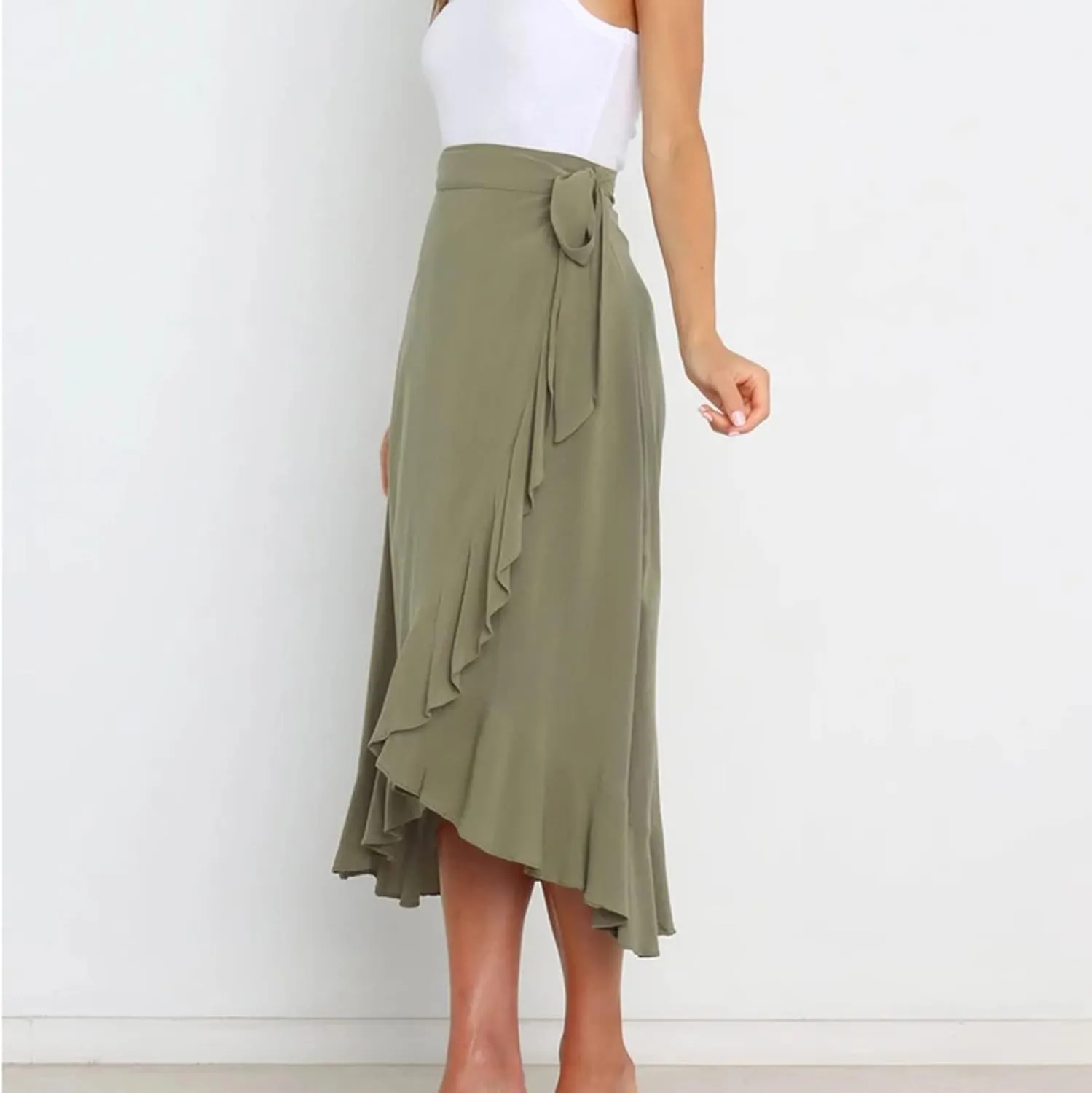 Irregular Wrap Skirts for Women Summer Casual Plain Ruffle Trim High Waisted Tied Slit Midi Beachy Skirt