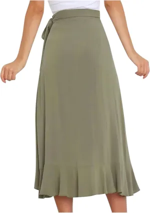 Irregular Wrap Skirts for Women Summer Casual Plain Ruffle Trim High Waisted Tied Slit Midi Beachy Skirt