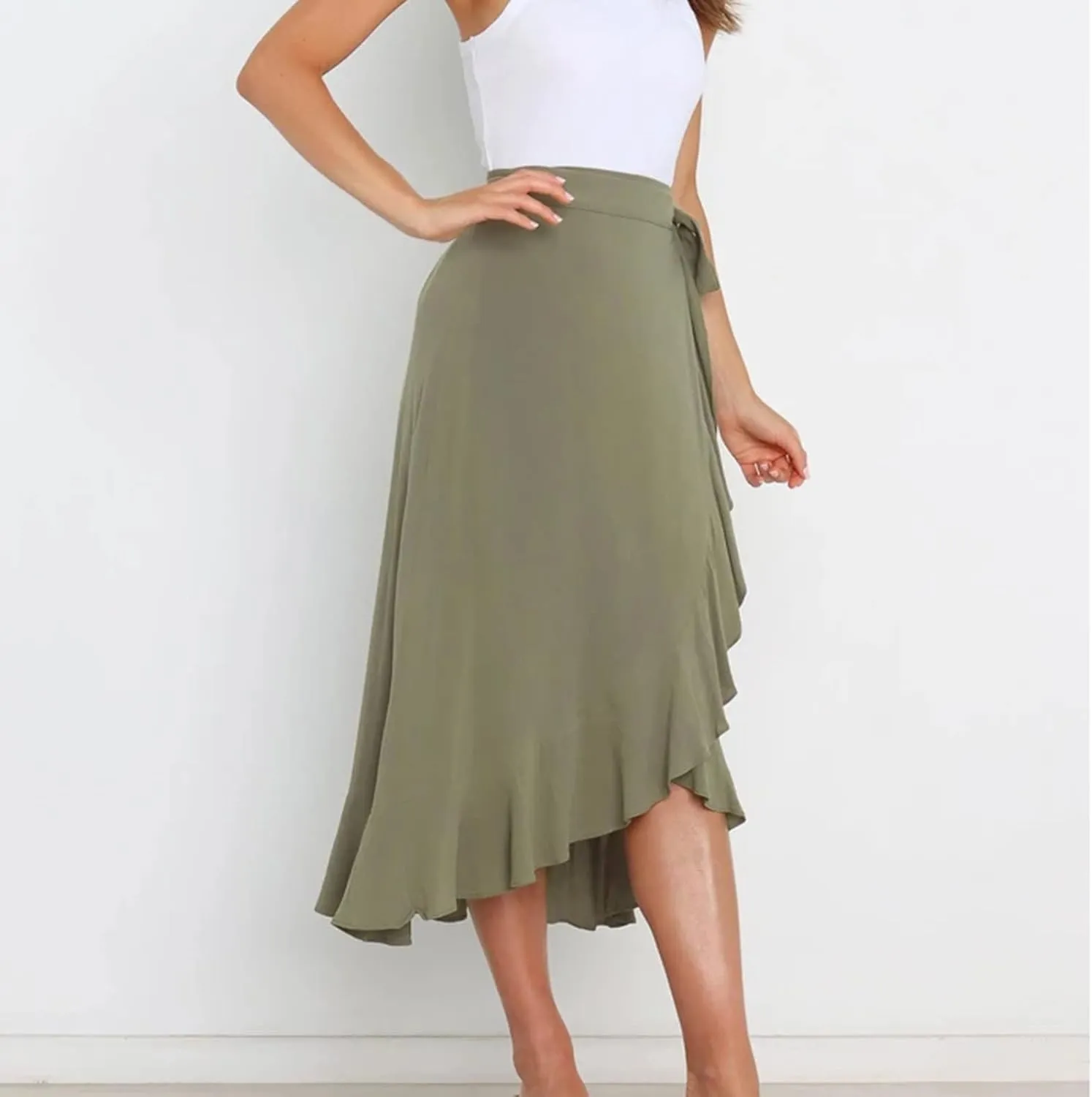 Irregular Wrap Skirts for Women Summer Casual Plain Ruffle Trim High Waisted Tied Slit Midi Beachy Skirt