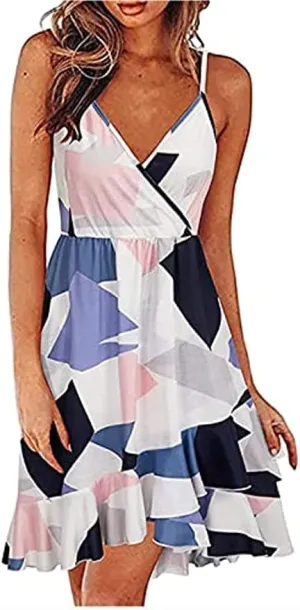 JEKE-DG Womens Sleeveless Floral Dress V Neck Casual Ruffles Hem Mini Dress Loose High Waist Beach Short Dress