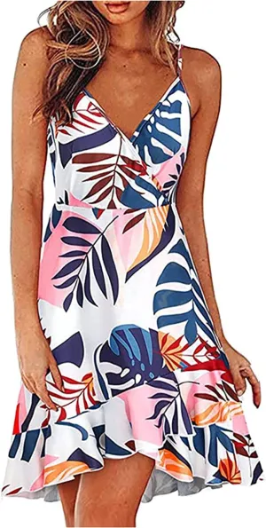 JEKE-DG Womens Sleeveless Floral Dress V Neck Casual Ruffles Hem Mini Dress Loose High Waist Beach Short Dress