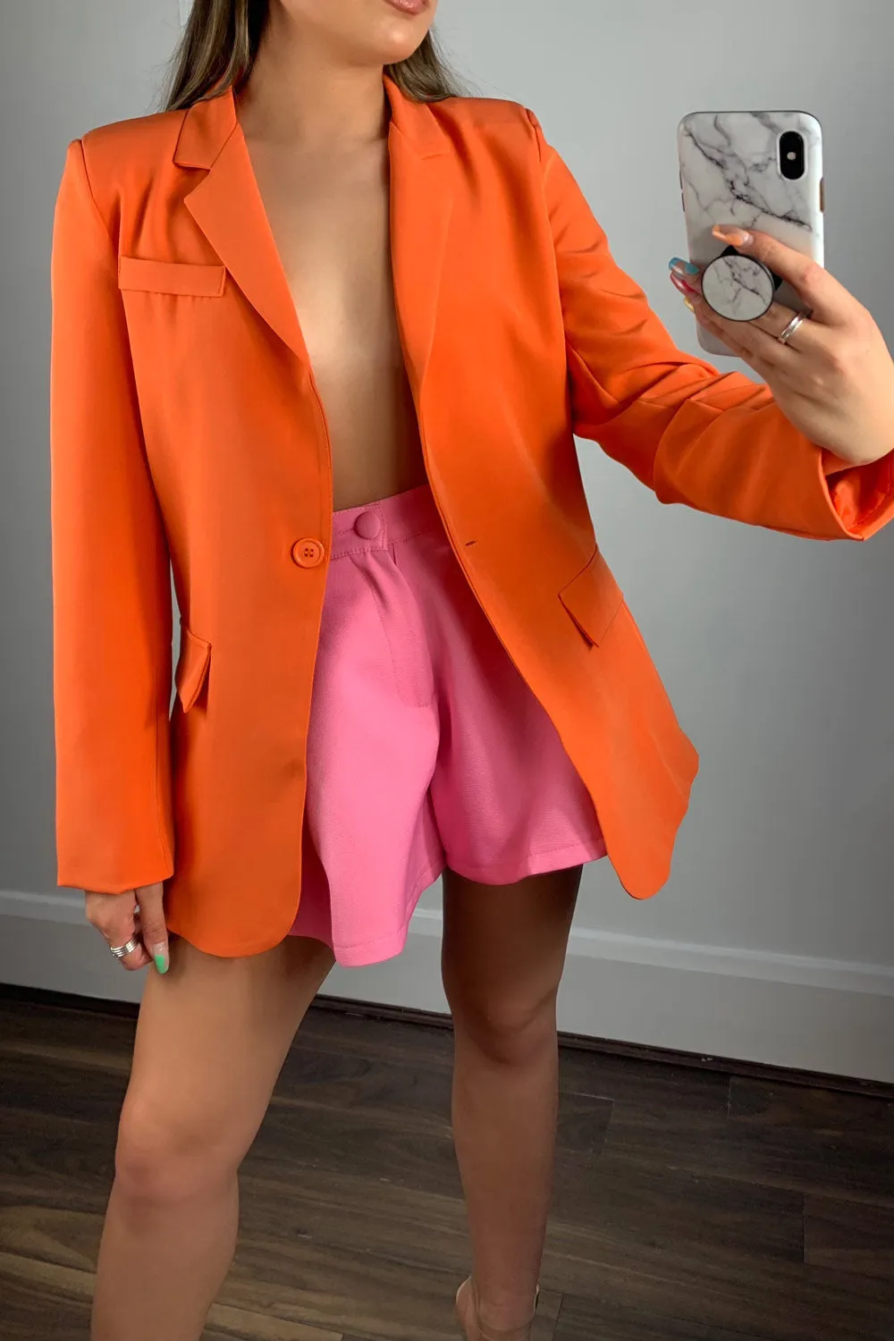Jen Neon Orange Button Tailored Longline Blazer