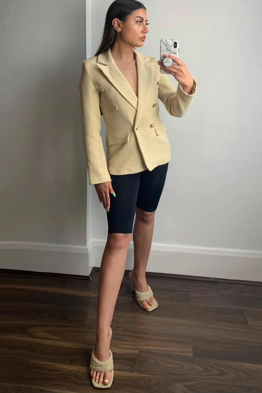 Jess Beige Waffle Textured Tailored Button Detail Blazer
