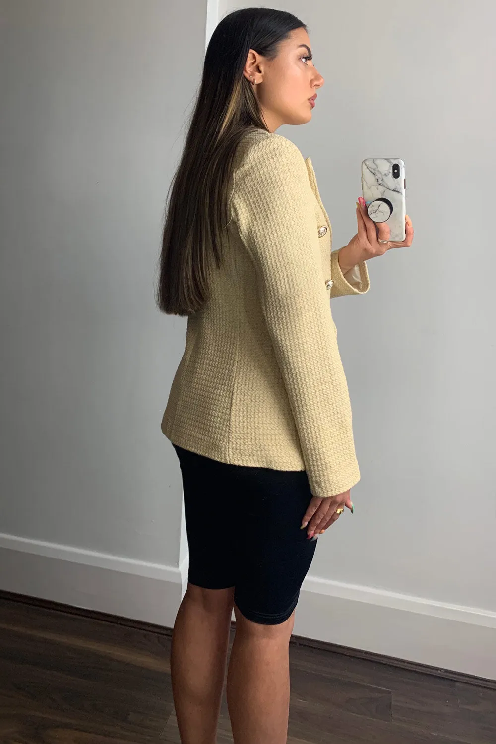 Jess Beige Waffle Textured Tailored Button Detail Blazer