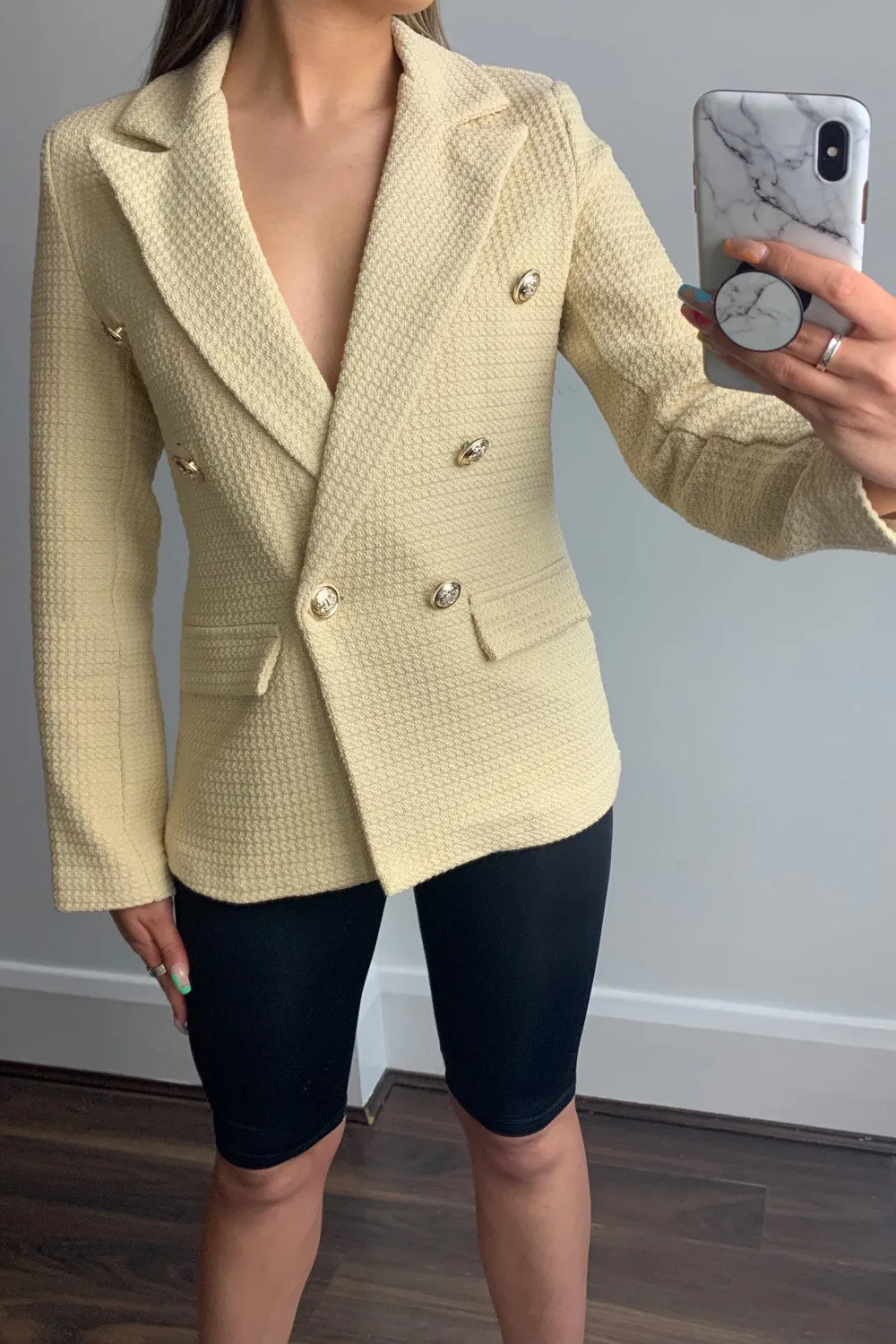 Jess Beige Waffle Textured Tailored Button Detail Blazer