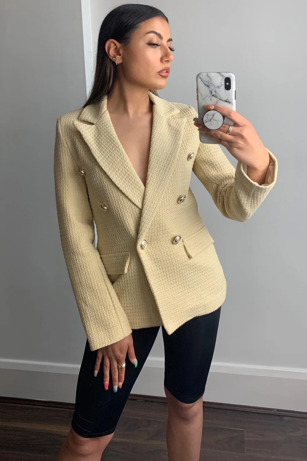 Jess Beige Waffle Textured Tailored Button Detail Blazer