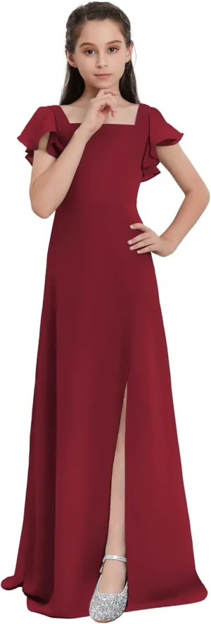 Junior Girls Bridesmaid Dress for Wedding Chiffon Short Sleeve Flower Girl Dresses for Teen with Slit JRN001