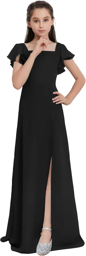 Junior Girls Bridesmaid Dress for Wedding Chiffon Short Sleeve Flower Girl Dresses for Teen with Slit JRN001