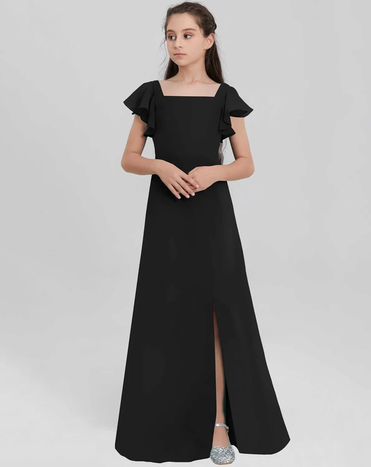 Junior Girls Bridesmaid Dress for Wedding Chiffon Short Sleeve Flower Girl Dresses for Teen with Slit JRN001