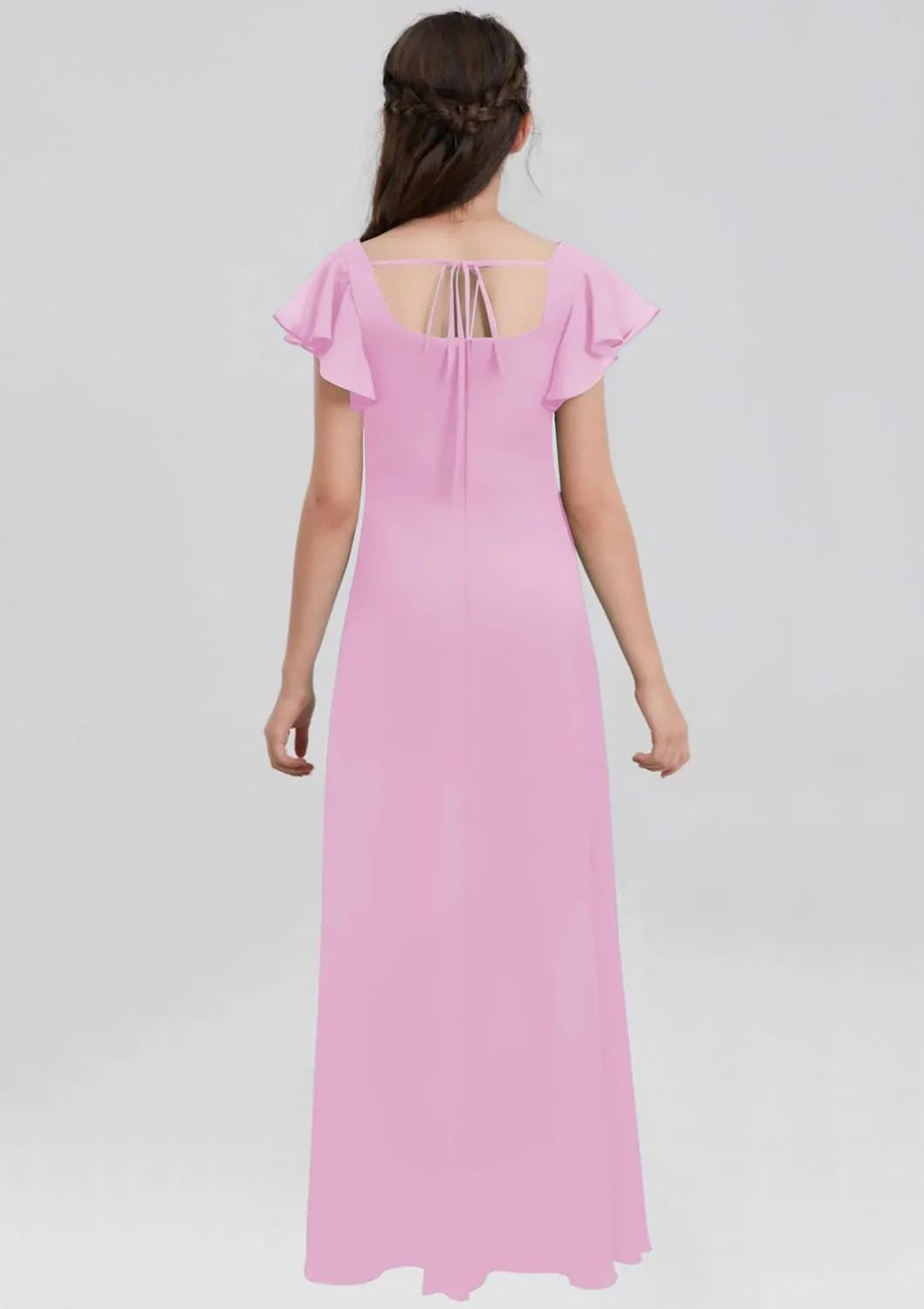 Junior Girls Bridesmaid Dress for Wedding Chiffon Short Sleeve Flower Girl Dresses for Teen with Slit JRN001