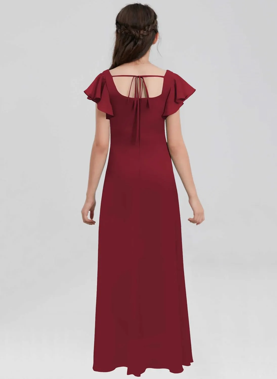 Junior Girls Bridesmaid Dress for Wedding Chiffon Short Sleeve Flower Girl Dresses for Teen with Slit JRN001