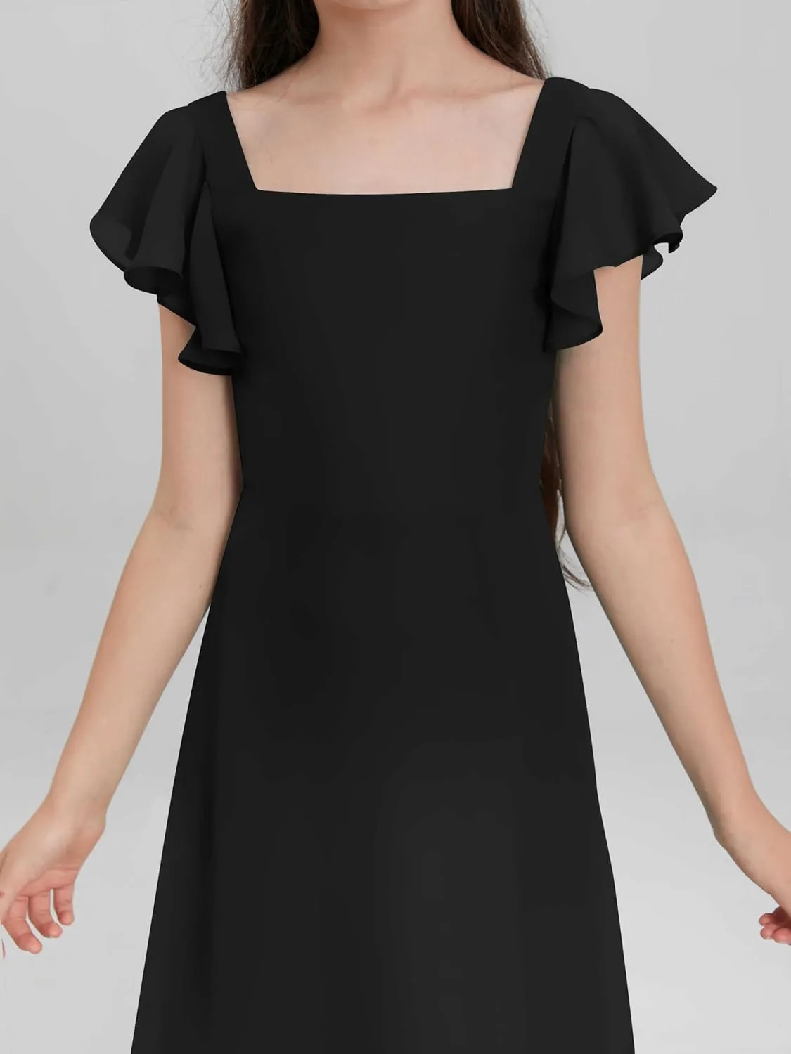 Junior Girls Bridesmaid Dress for Wedding Chiffon Short Sleeve Flower Girl Dresses for Teen with Slit JRN001