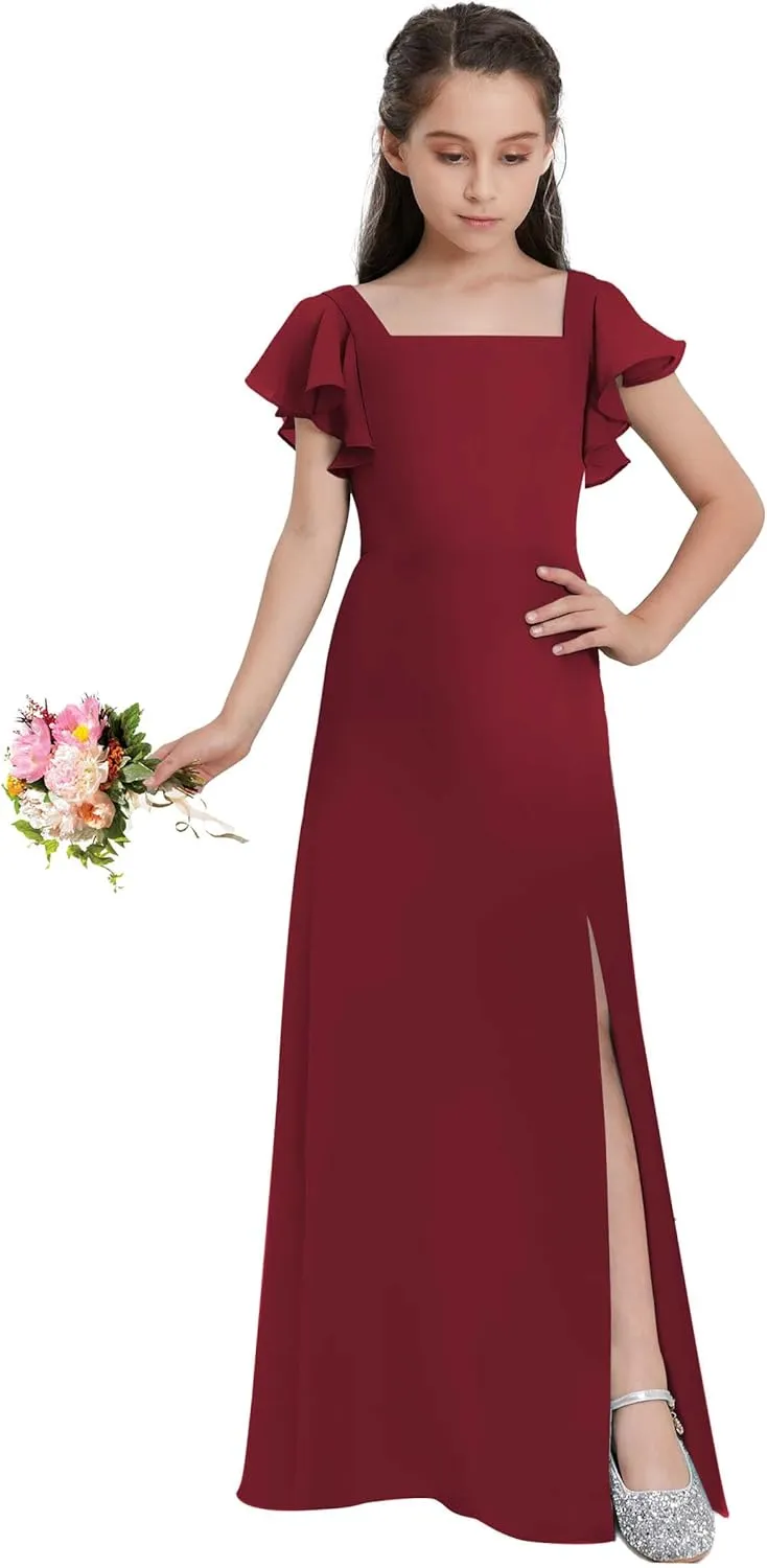 Junior Girls Bridesmaid Dress for Wedding Chiffon Short Sleeve Flower Girl Dresses for Teen with Slit JRN001