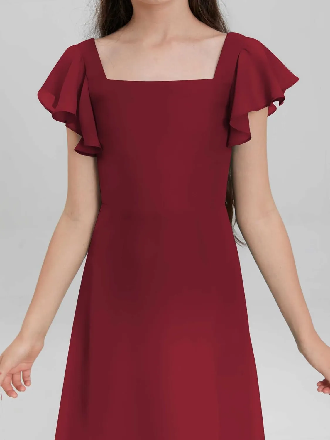 Junior Girls Bridesmaid Dress for Wedding Chiffon Short Sleeve Flower Girl Dresses for Teen with Slit JRN001