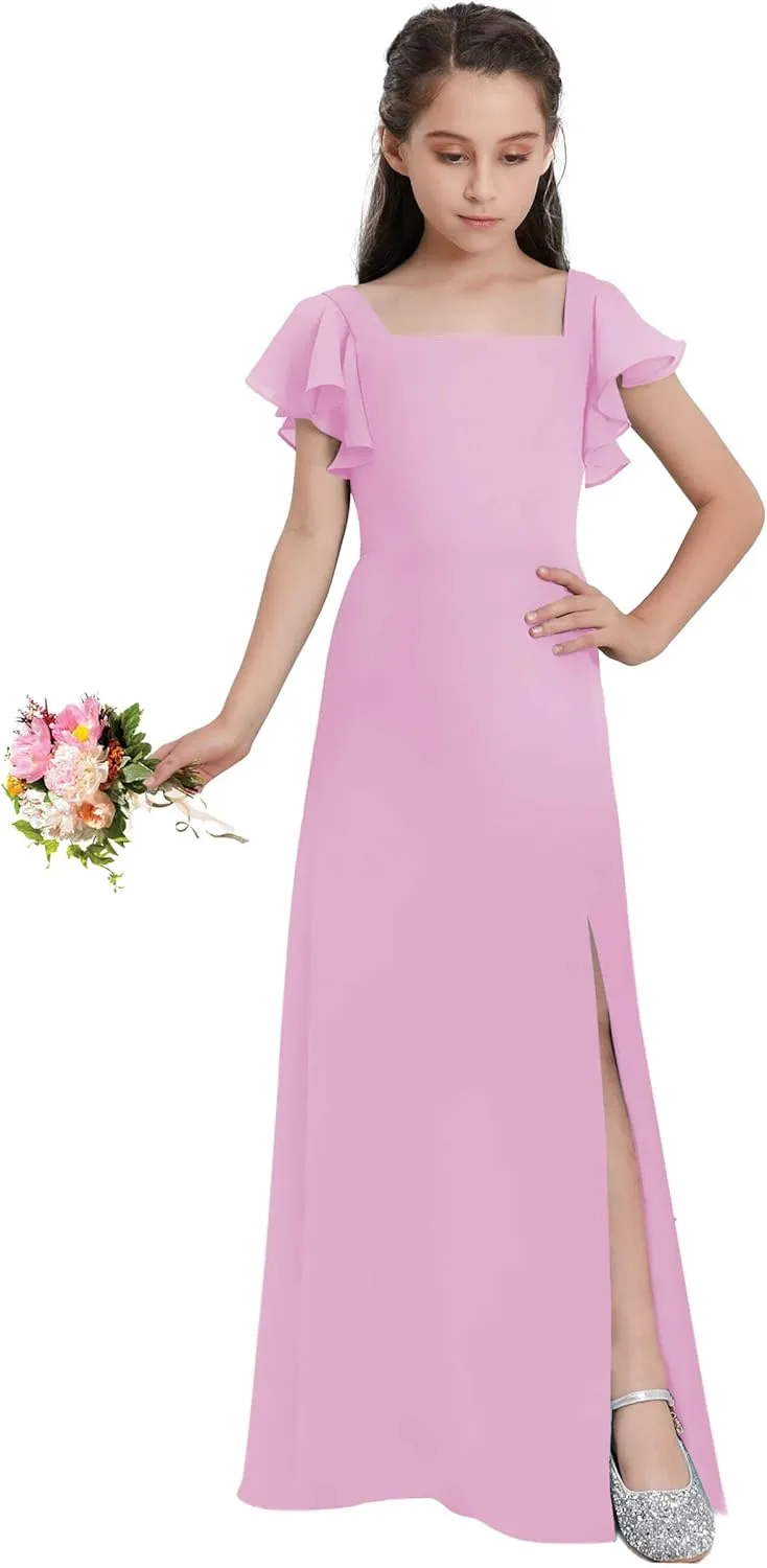 Junior Girls Bridesmaid Dress for Wedding Chiffon Short Sleeve Flower Girl Dresses for Teen with Slit JRN001