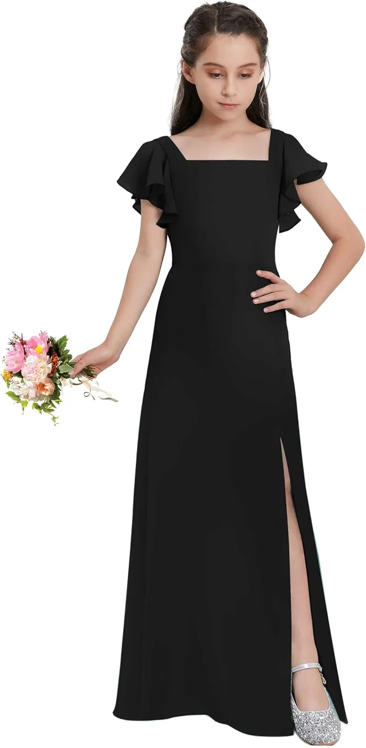 Junior Girls Bridesmaid Dress for Wedding Chiffon Short Sleeve Flower Girl Dresses for Teen with Slit JRN001