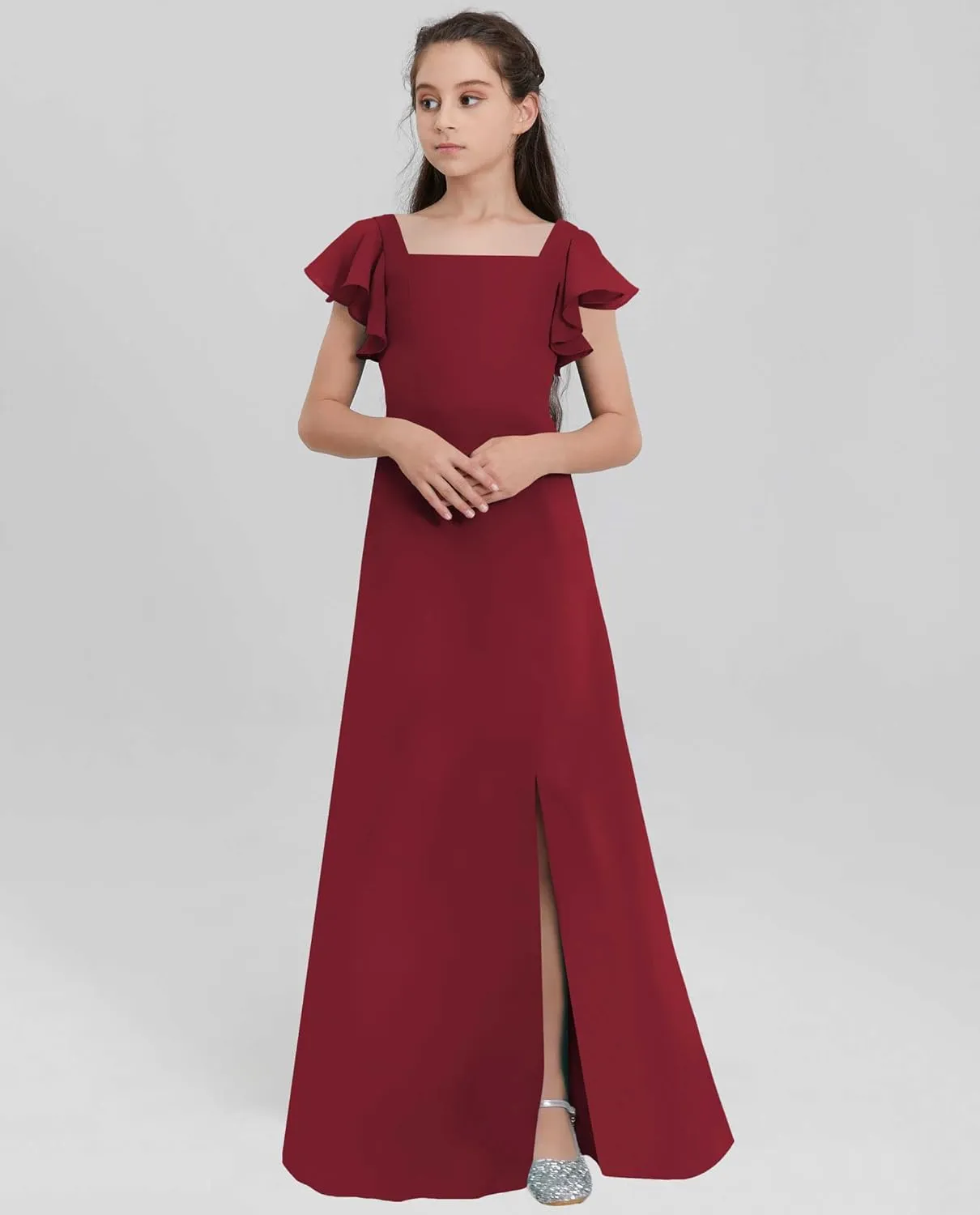 Junior Girls Bridesmaid Dress for Wedding Chiffon Short Sleeve Flower Girl Dresses for Teen with Slit JRN001