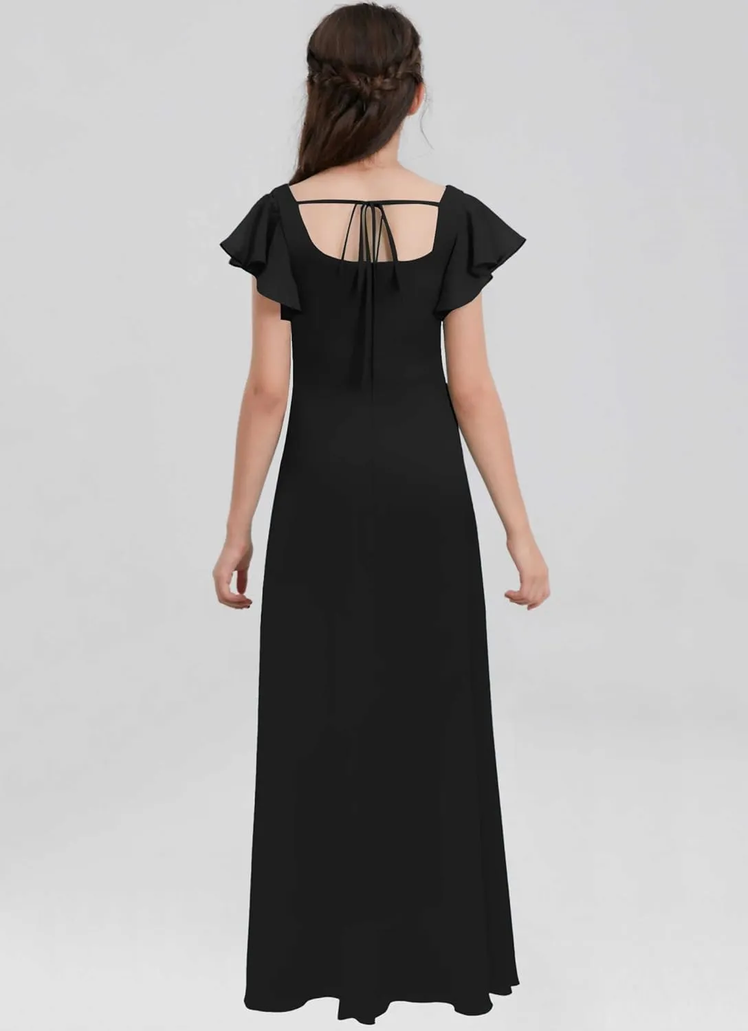 Junior Girls Bridesmaid Dress for Wedding Chiffon Short Sleeve Flower Girl Dresses for Teen with Slit JRN001
