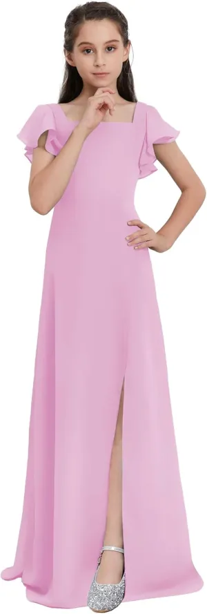 Junior Girls Bridesmaid Dress for Wedding Chiffon Short Sleeve Flower Girl Dresses for Teen with Slit JRN001