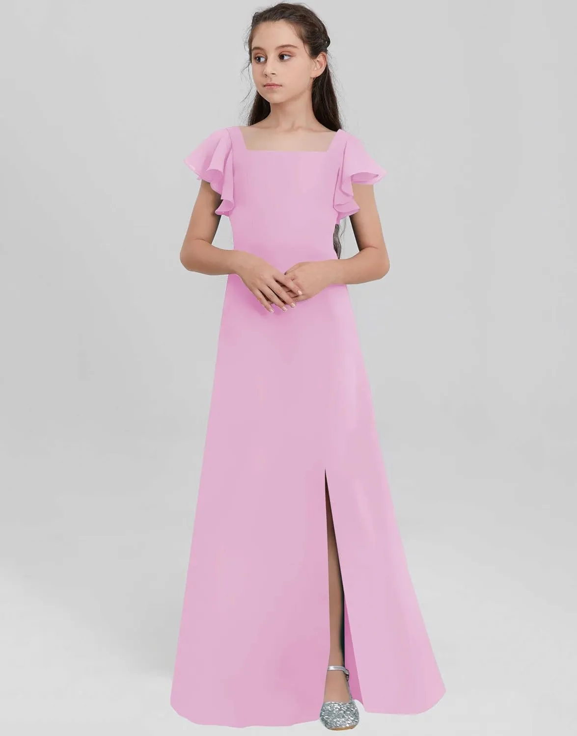 Junior Girls Bridesmaid Dress for Wedding Chiffon Short Sleeve Flower Girl Dresses for Teen with Slit JRN001