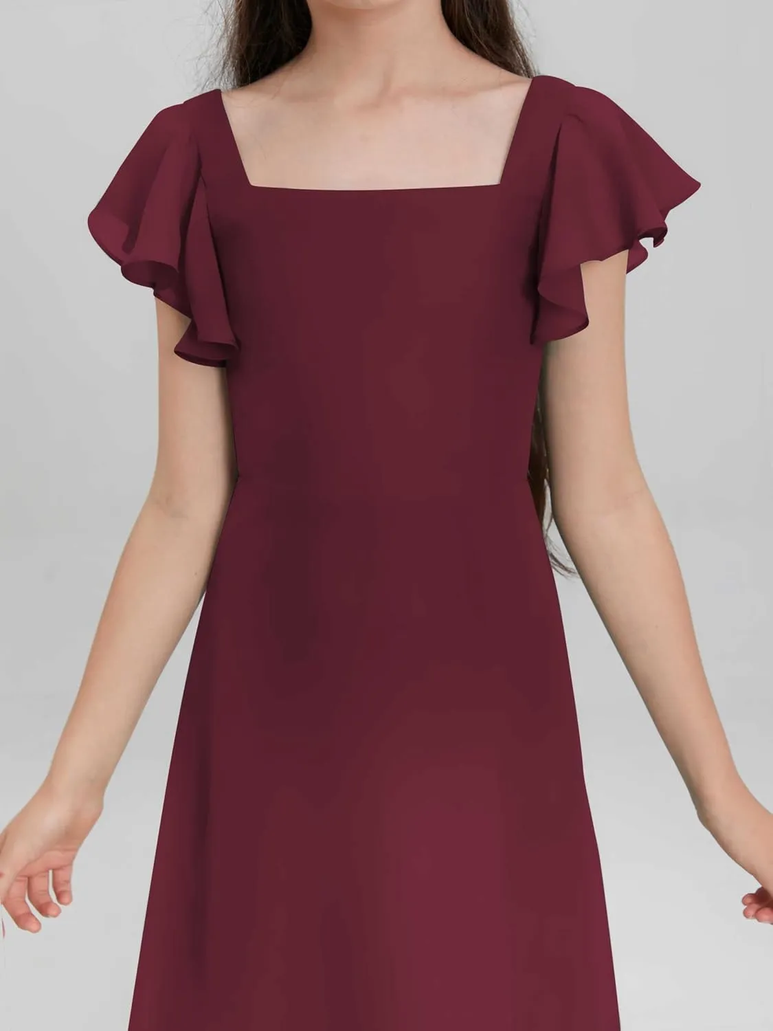 Junior Girls Bridesmaid Dress for Wedding Chiffon Short Sleeve Flower Girl Dresses for Teen with Slit JRN001