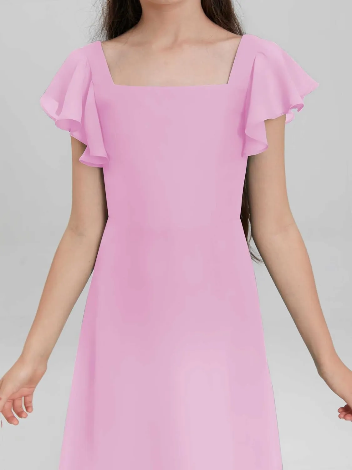 Junior Girls Bridesmaid Dress for Wedding Chiffon Short Sleeve Flower Girl Dresses for Teen with Slit JRN001
