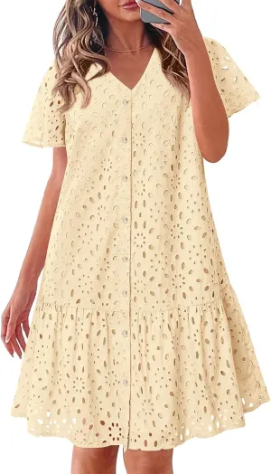 KIRUNDO Summer Dresses for Women 2025 Button Down V Neck Short Sleeve Hollow Out Lace A Line Casual Mini Babydoll Dress