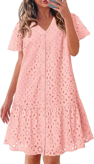 KIRUNDO Summer Dresses for Women 2025 Button Down V Neck Short Sleeve Hollow Out Lace A Line Casual Mini Babydoll Dress