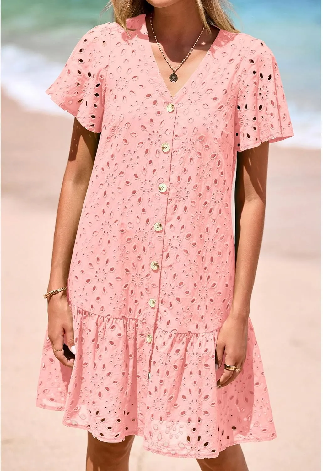 KIRUNDO Summer Dresses for Women 2025 Button Down V Neck Short Sleeve Hollow Out Lace A Line Casual Mini Babydoll Dress