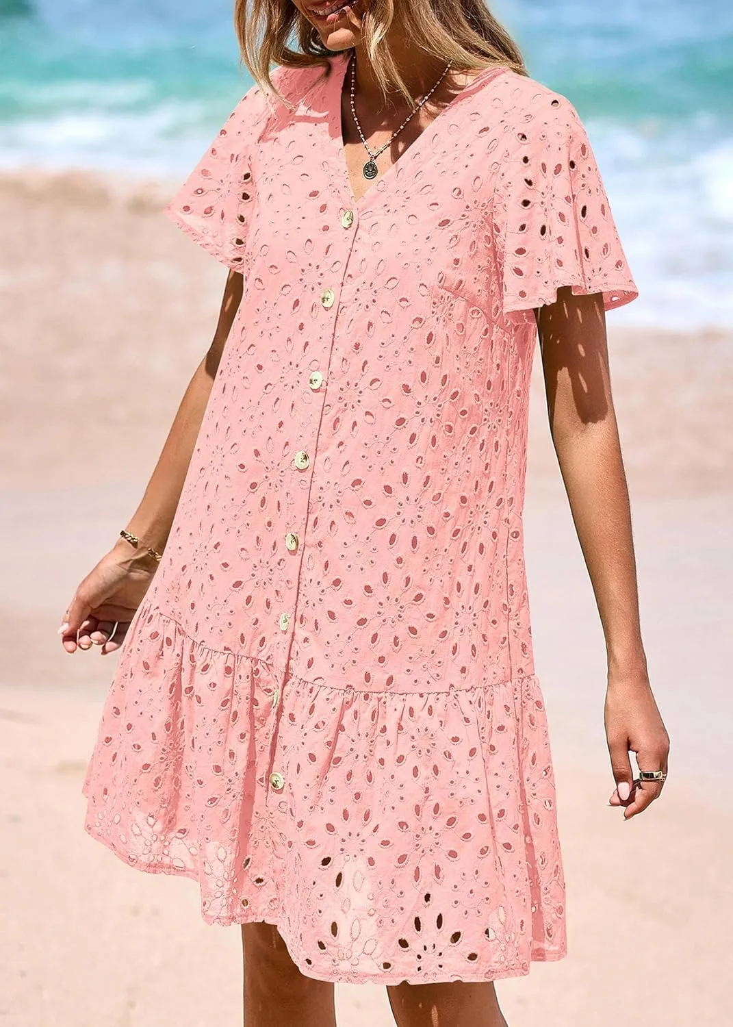 KIRUNDO Summer Dresses for Women 2025 Button Down V Neck Short Sleeve Hollow Out Lace A Line Casual Mini Babydoll Dress
