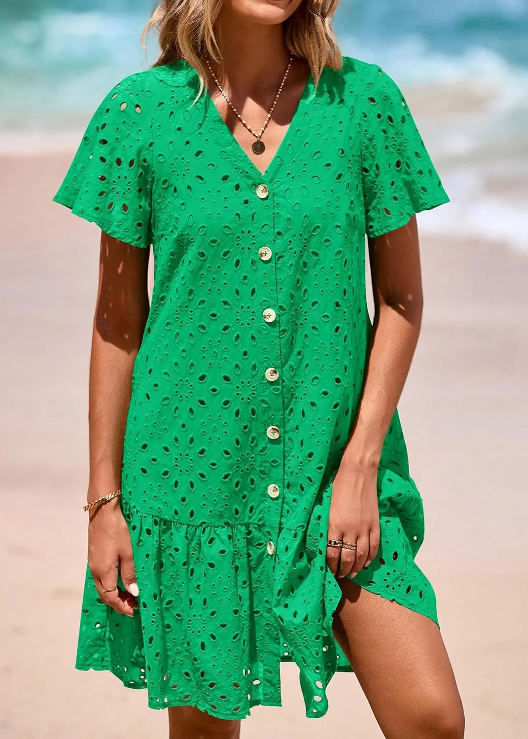 KIRUNDO Summer Dresses for Women 2025 Button Down V Neck Short Sleeve Hollow Out Lace A Line Casual Mini Babydoll Dress