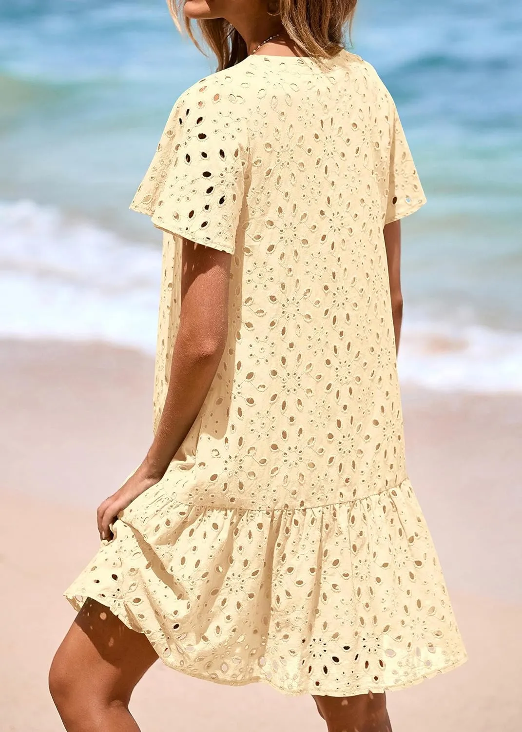 KIRUNDO Summer Dresses for Women 2025 Button Down V Neck Short Sleeve Hollow Out Lace A Line Casual Mini Babydoll Dress