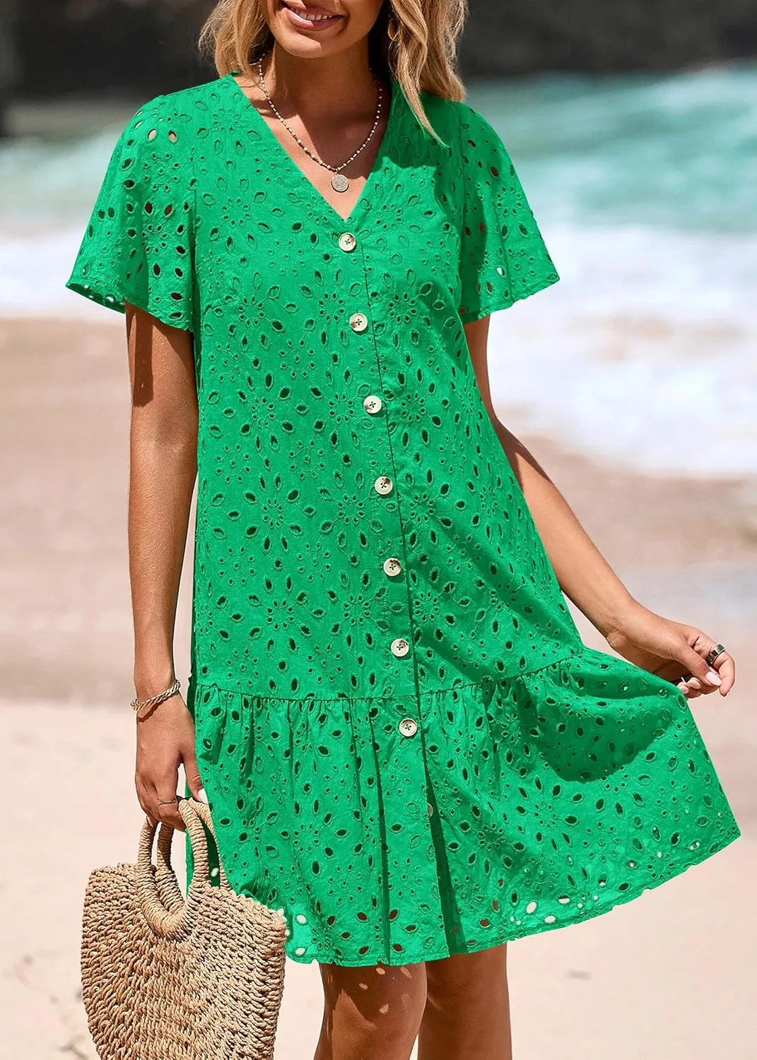 KIRUNDO Summer Dresses for Women 2025 Button Down V Neck Short Sleeve Hollow Out Lace A Line Casual Mini Babydoll Dress